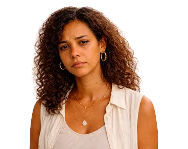 Mulher adulta olha para a câmera de forma séria e reflexiva