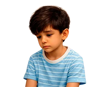 Menino olhando para baixo com expressão reflexiva e triste