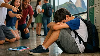 Estudante sentado sozinho no chão com expressão triste enquanto outros alunos riem ao fundo, representando situação de bullying escolar.