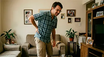 Homem em ambiente doméstico segurando a região lombar com expressão de desconforto físico, ilustrando manifestações corporais relacionadas ao sofrimento emocional.