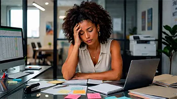 Mulher jovem com expressão cansada, trabalhando em mesa com computador e anotações, representando dificuldades no trabalho ou escola.