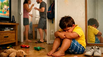 Criança sentada no chão com expressão triste enquanto adultos discutem ao fundo, ilustrando experiências familiares que podem impactar o desenvolvimento emocional.