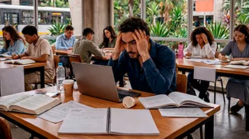 Estudante universitário com expressão de preocupação estudando com livros e computador, representando questões acadêmicas e dificuldades emocionais nos estudos.
