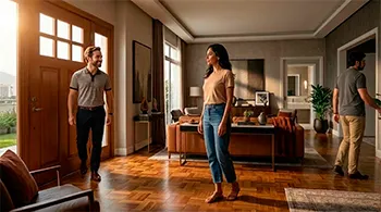 Mulher observa homem entrando pela porta principal, enquanto homem está saindo pelos fundos, representando um movimento cíclico de relacionamento.