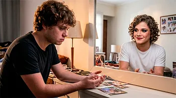 Pessoa jovem observando o próprio reflexo no espelho em momento de reflexão pessoal, representando questões relacionadas à sexualidade e identidade.